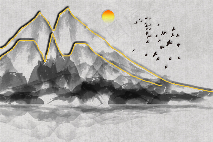 新中式简约金色线条禅意水墨画背景墙...(9921X6614(DPI:72))psd模版下载