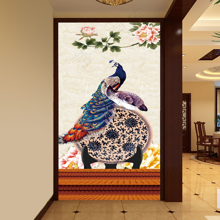 花开富贵牡丹孔雀玄关过道电视背景墙...(3402X6803(DPI:72))psd模版下载