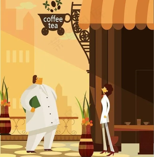 插画欧式小街咖啡店图片ai矢量模版下载
