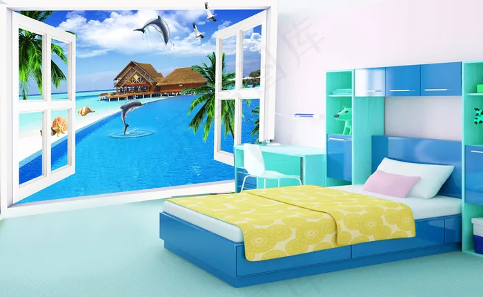 窗外海景3D背景墙装饰画蓝天白云沙...(9071X5669(DPI:72))psd模版下载