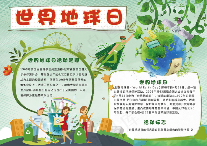 卡通世界地球日学生电子小报模板