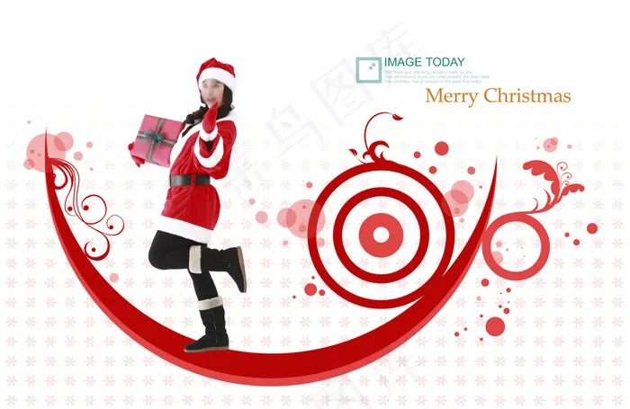 圣诞节手拿礼物的美女与花纹圆环PS...psd模版下载