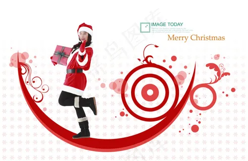 圣诞节手拿礼物的美女与花纹圆环PS...