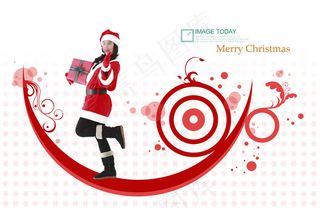 圣诞节手拿礼物的美女与花纹圆环PS...