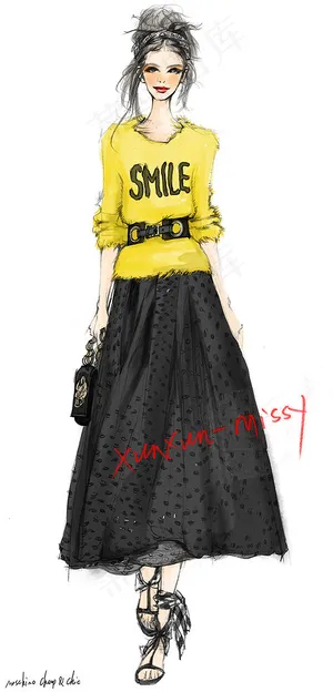 黄色衣服黑色半身裙效果图