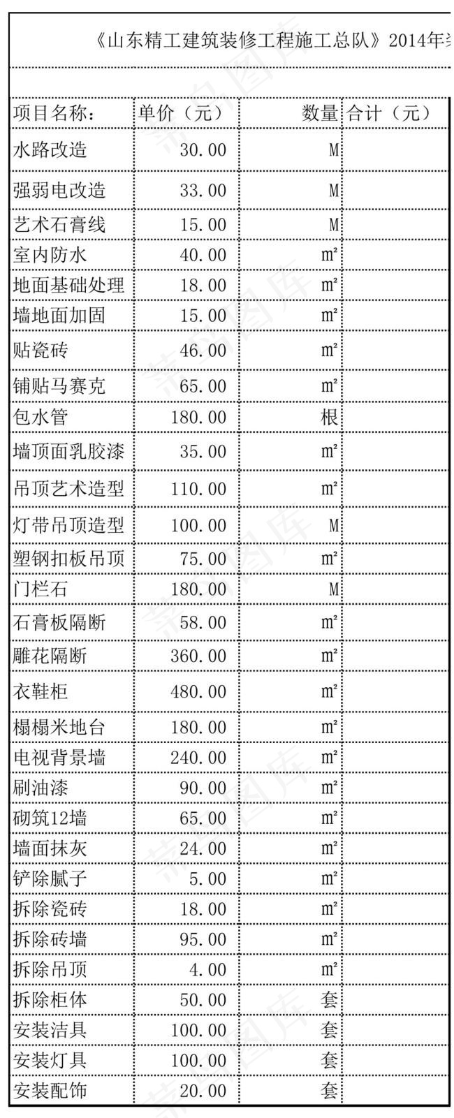 山东家庭装修装饰工程报价单_价格表