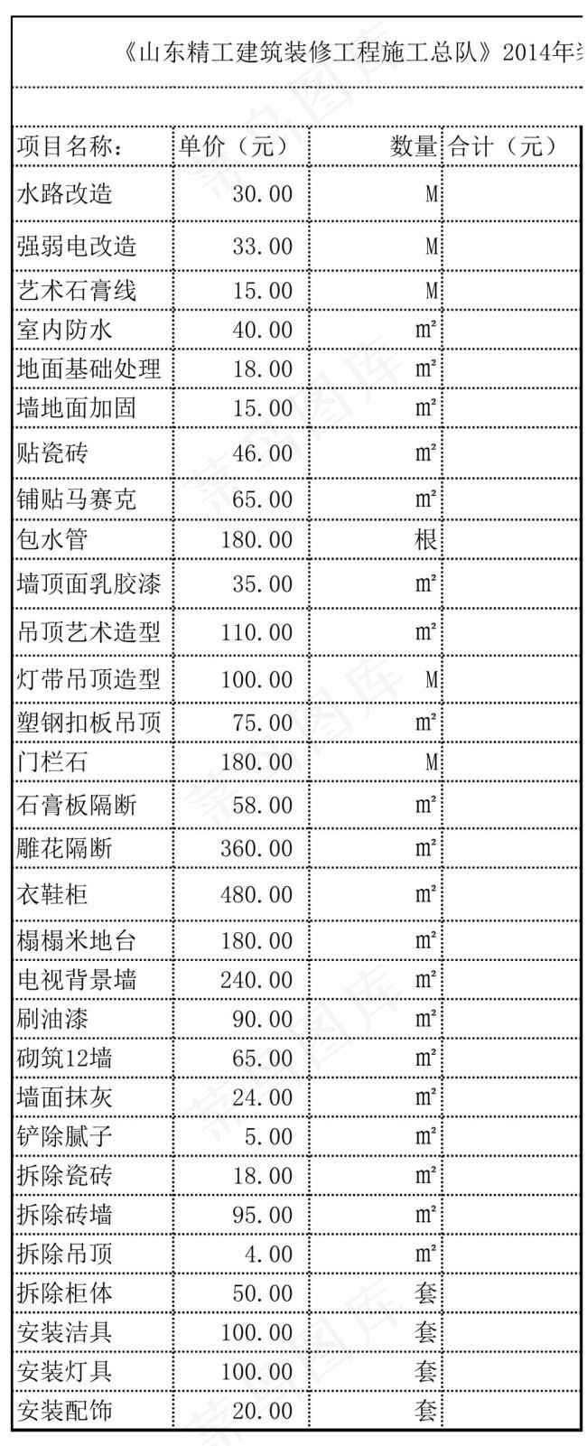 山东家庭装修装饰工程报价单_价格表