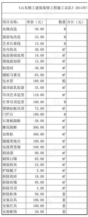 山东家庭装修装饰工程报价单_价格表