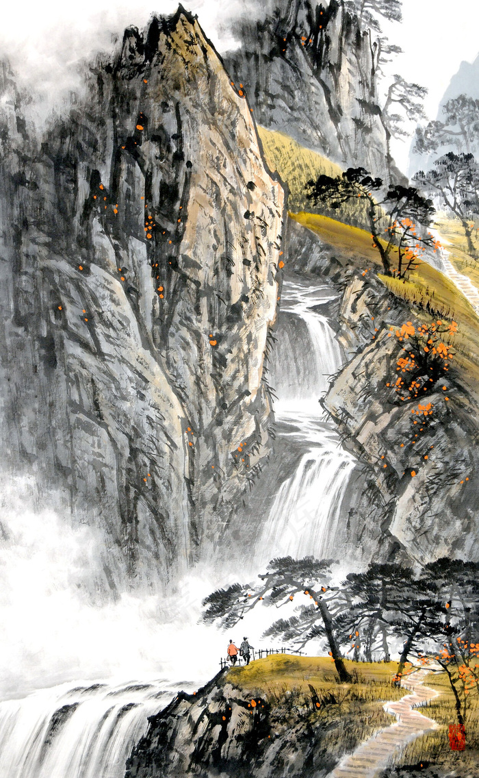 山崖飞瀑水墨画 墙纸 壁纸 素材