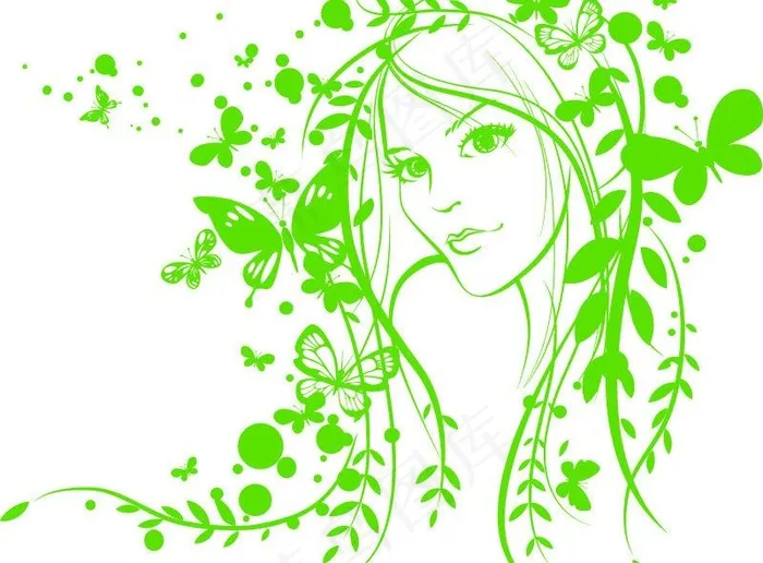 手绘蝴蝶花纹美女图片eps,ai矢量模版下载
