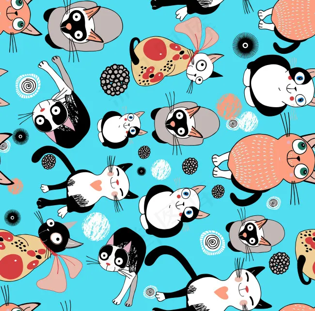 四方连续数码印花图 猫猫图