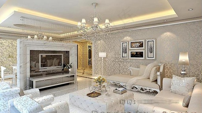 豪华银白色欧式客厅模型图片