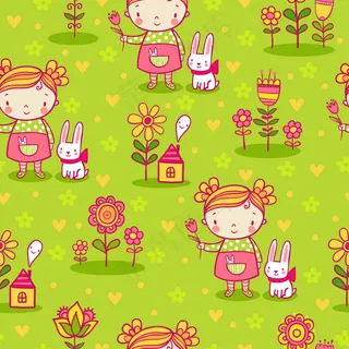 矢量图案面料印花图案可爱卡通女孩背...