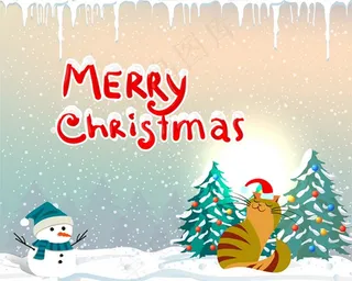 复古与雪人圣诞贺卡设计和猫自由向量