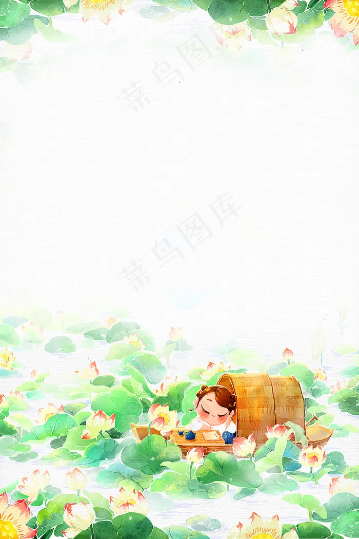 夏至文艺小清新荷花荷叶中国风绿色背景
