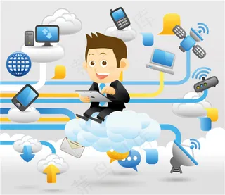 坐在云系统上的商务男人