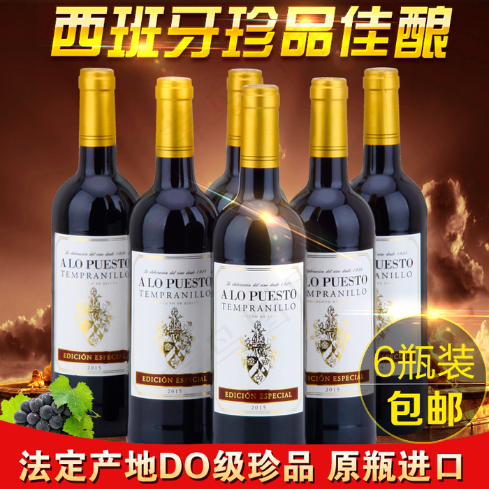 西班牙原瓶进口红酒干红葡萄酒整箱 6支装(800X800(DPI:100))psd模版下载