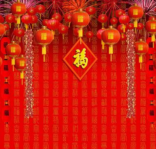 大红灯笼与鞭炮影楼摄影背景图片