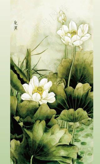 白莲荷塘工笔国画矢量图