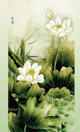 白莲荷塘工笔国画矢量图