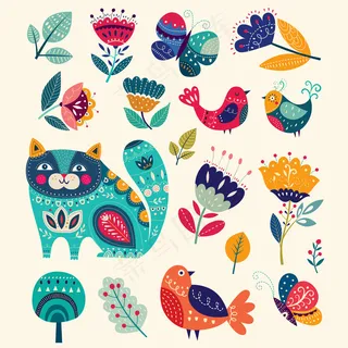 卡通森系动物手绘装饰插画背景EPS...