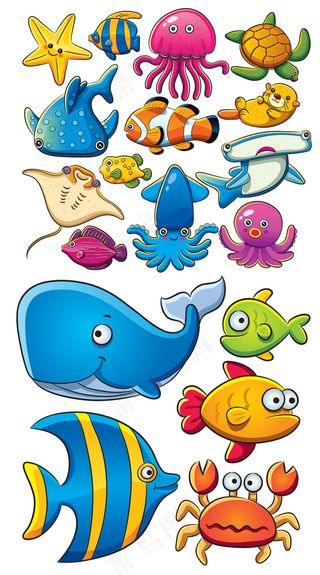 海洋动物手绘卡通动物集合矢量素材