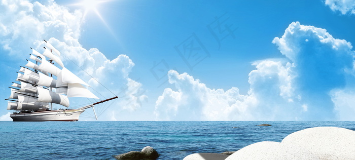 大气海上帆船云海背景素材