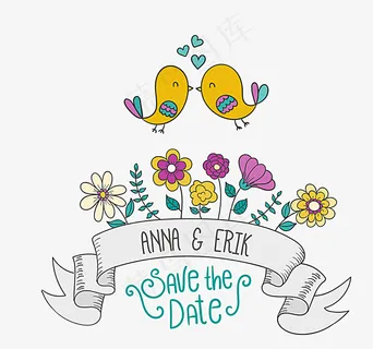 卡通花卉和鸟婚礼邀请海报矢量图图片