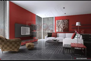 红色背景墙客厅装修设计3Dmax模...