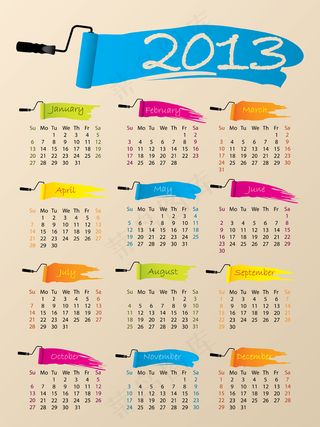 彩色油漆刷2013年历矢量素材