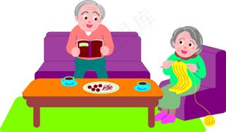 老爷爷看书老奶奶织毛衣矢量素材