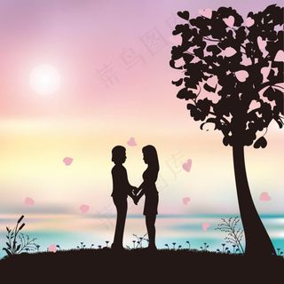 夕阳下的情侣剪影矢量素材,