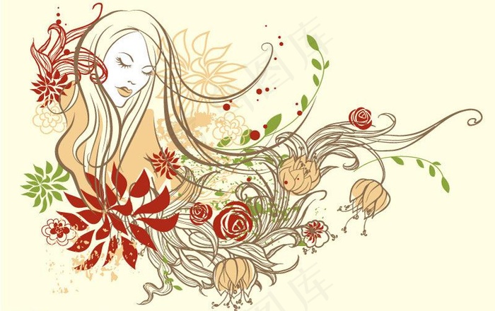 彩绘花卉美女矢量素材图片