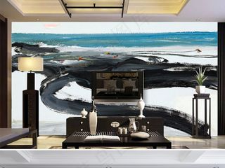 新中式水墨山水抽象画电视背景墙