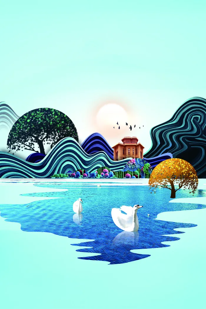 唯美新中式手绘风景插画背景素材psd模版下载