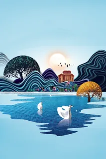 唯美新中式手绘风景插画背景素材