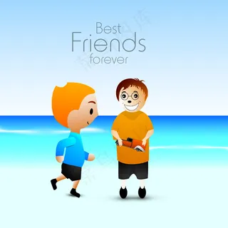 在海边的两个朋友情人节快乐的概念