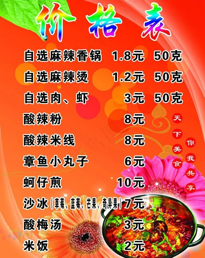香锅价格表psd模版下载