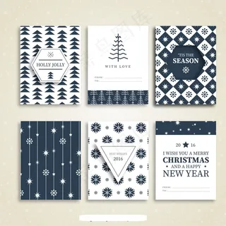 六款蓝色的圣诞贺卡矢量图