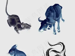 中国传统十二生肖动物水墨画素材