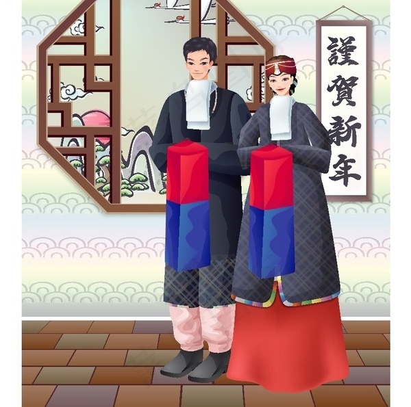 2007最新韩国谨贺新年韩服夫妻A...ai矢量模版下载