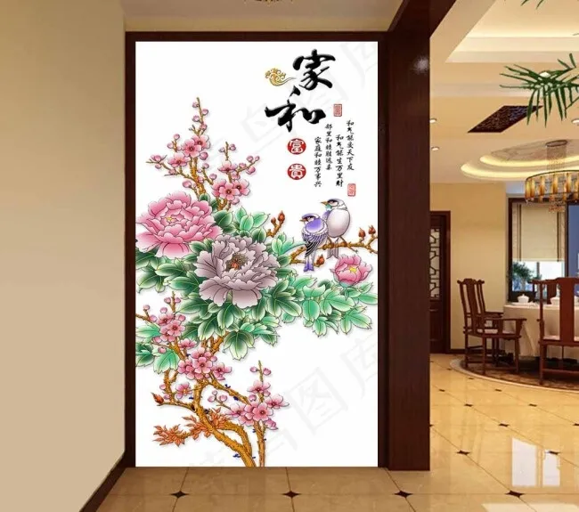 家和富贵牡丹玄关背景图片(3402X6803(DPI:72))psd模版下载