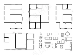 四款户型平面布置矢量图