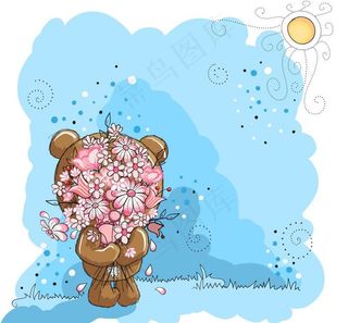 蓝色捧花熊宝插画图片