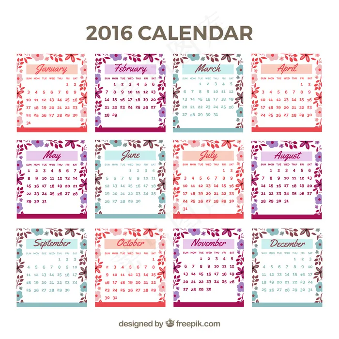 可爱的2016日历与花的细节ai矢量模版下载
