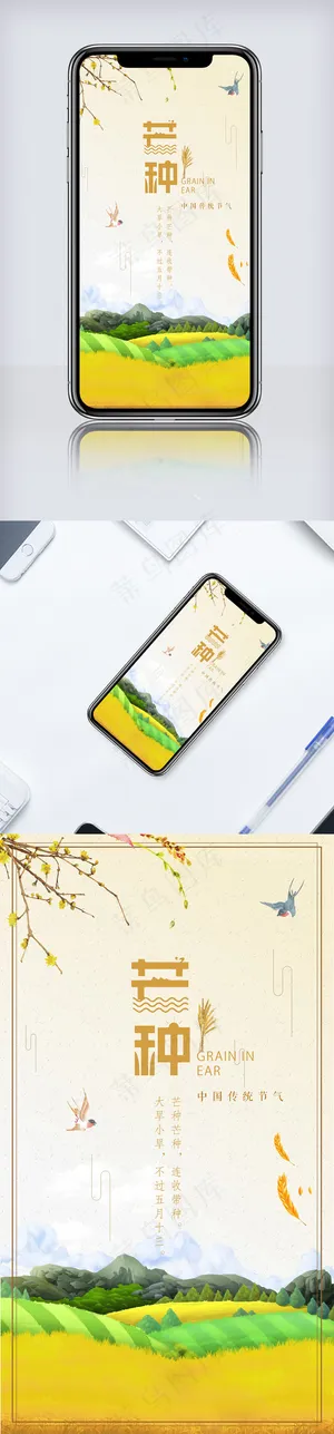 黄色稻谷二十四节气芒种海报