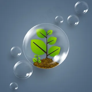 自然背景与小的绿色植物和水的灰色背景的气泡 自然背景与小的绿色植物和水的灰色背景的气泡