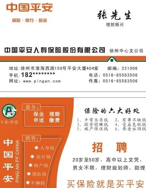 中国平安保险名片图片cdr矢量模版下载