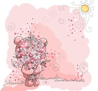 粉色捧花熊宝插画图片