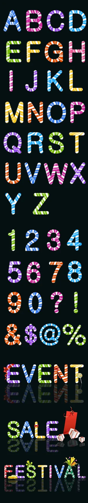 英文糖果效果字体设计加减乘除可爱卡...